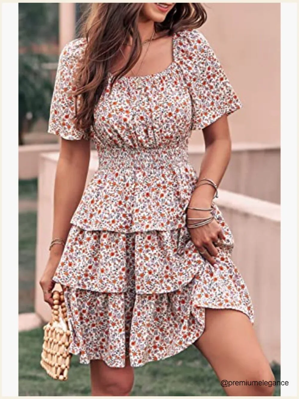 Floral Square Neck Short Sleeve Tiered Ruffle Boho Swing Mini Dress - Picture 5 of 7